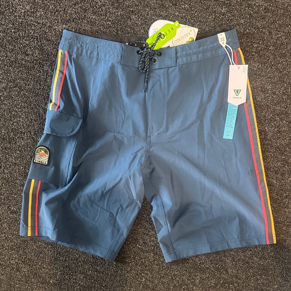 VISSLA Men's Navy Board Shorts with Rainbow Stripes